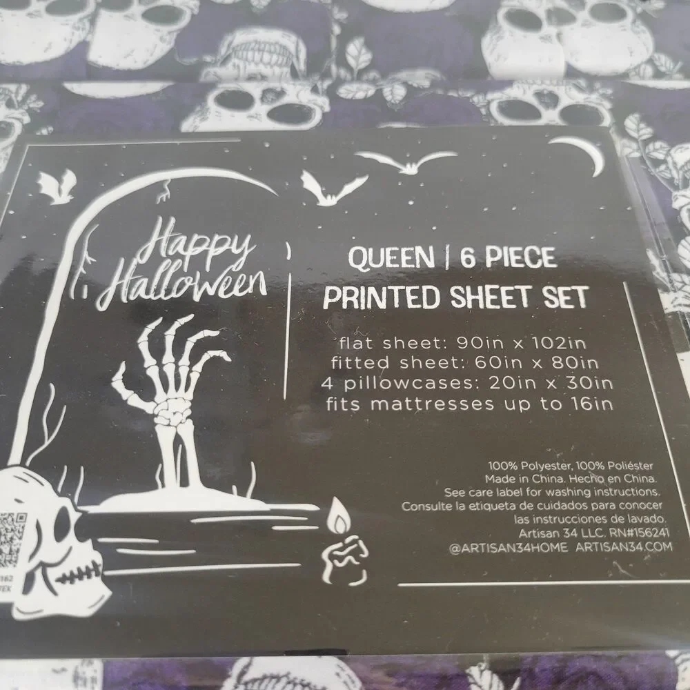 Halloween Trad Goth Style Queen 6pc Sheets Set Black White Skulls Purple Roses